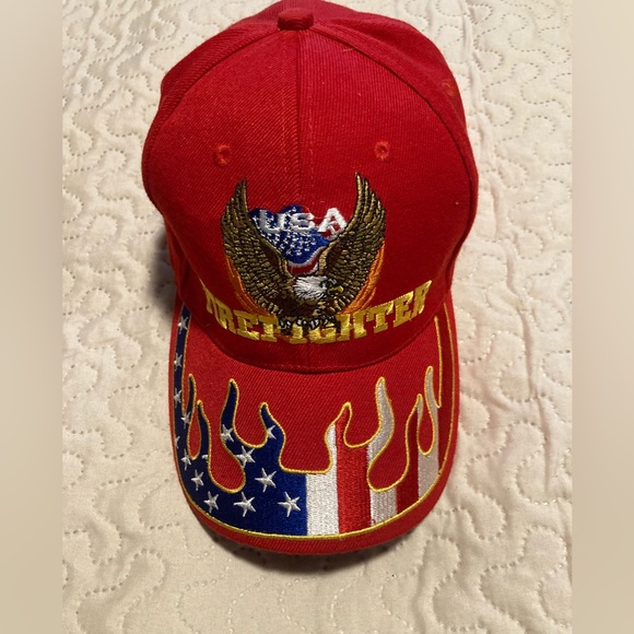 USA Firefighter Vintage Ball Cap Velcro Back Strap Flame Red White Blue Flag - Picture 1 of 5